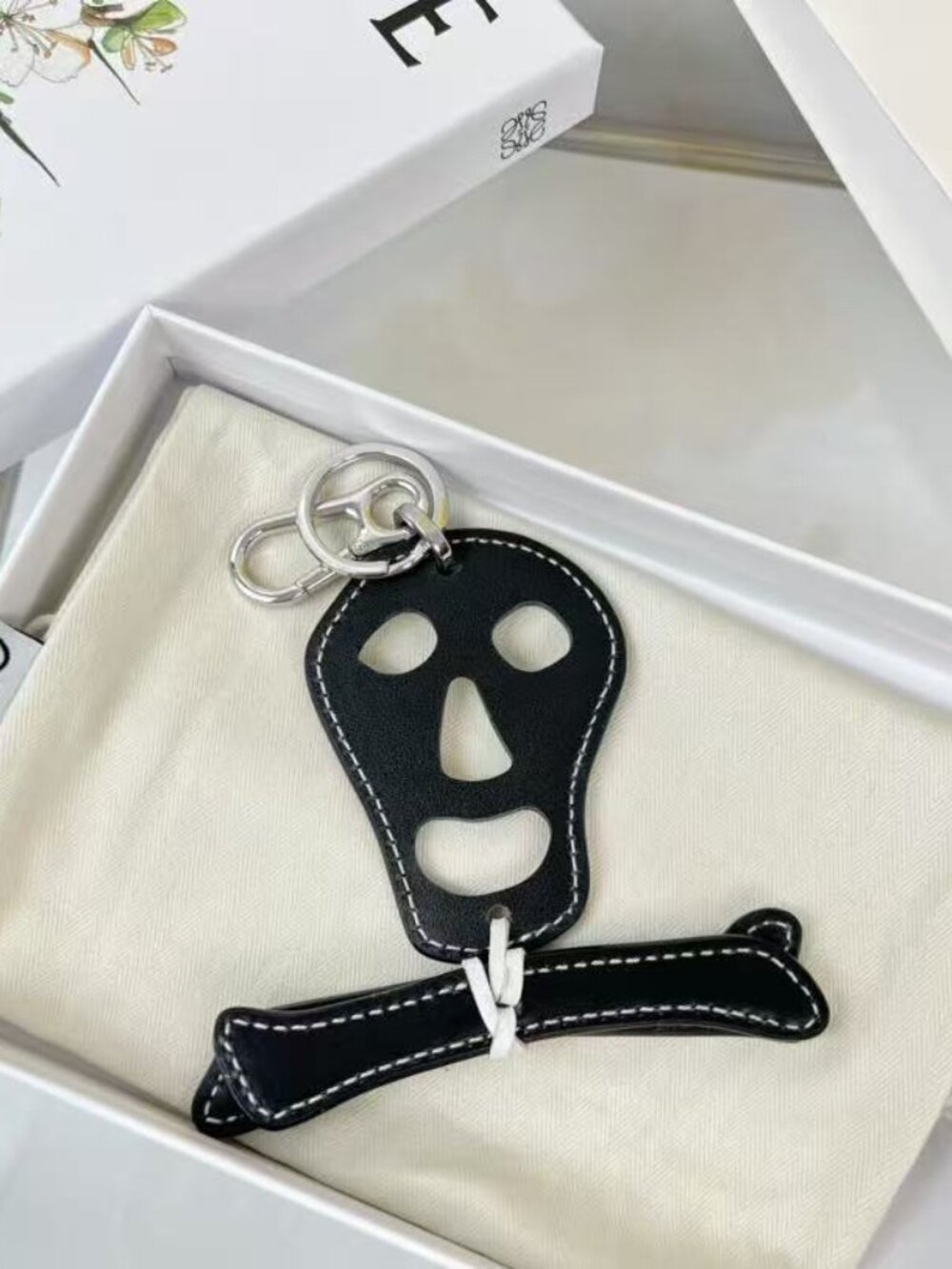 LOEWE Black Skull Crossbones Leather Bag Charm Silver Key Ring